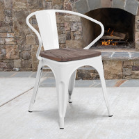 Flash Furniture CH-31270-WH-WD-GG White Metal Chair with Wood Seat and Arms 